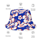 Royal Blue, Orange and White Hawaiian Flowers Reversible Bucket Hat -Tri Color