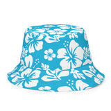 Aqua and White Hawaiian Flowers Reversible Bucket Hat - Extremely Stoked