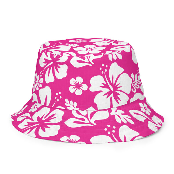 Hot Pink and White Hawaiian Flowers Reversible Bucket Hat - Extremely Stoked