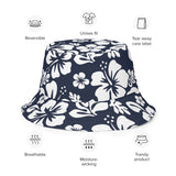 Navy Blue and White Hawaiian Flowers Reversible Bucket Hat - Extremely Stoked