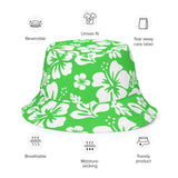 Lime Green and White Hawaiian Flowers Reversible Bucket Hat - Extremely Stoked