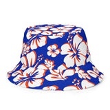 Royal Blue, Orange and White Hawaiian Flowers Reversible Bucket Hat -Tri Color