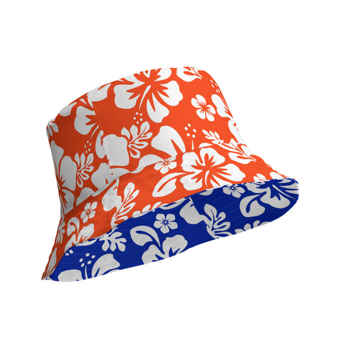 Orange and Blue Hawaiian Flowers Reversible Bucket Hat - Extremely Stoked