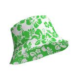 Lime Green and White Hawaiian Flowers Reversible Bucket Hat - Extremely Stoked