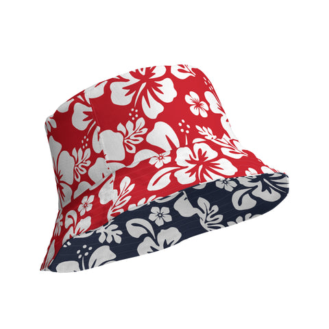 Red, White and Navy Blue Hawaiian Flowers Reversible Bucket Hat - Extremely Stoked