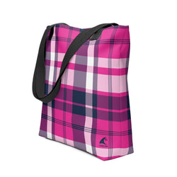 Hot Pink and Navy Blue Preppy Surfer Girl Plaid Beach Tote Bag from Extremely Stoked