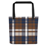 Navy Blue and Brown Preppy Surfer Girl Plaid Beach Tote Bag from Extremely Stoked