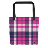 Hot Pink and Navy Blue Preppy Surfer Girl Plaid Beach Tote Bag from Extremely Stoked