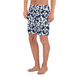 Navy Blue and White Hawaiian Flowers Men's Active Shorts