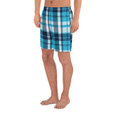 Aqua and Navy Blue Preppy Surfer Plaid Men's Active Shorts