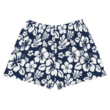 Navy Blue and White Hawaiian Flowers Women's Athletic Swim Shorts