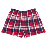 Red, White and Navy Blue Preppy Plaid Women's Athletic Swim Shorts