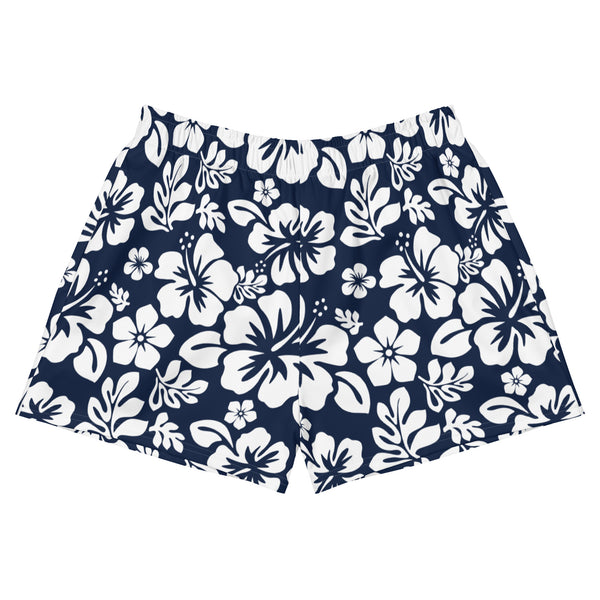 Women’s Navy Blue & White Hawaiian Flowers Eco Athleisure Shorts | Extremely Stoked® Surf Style Activewear