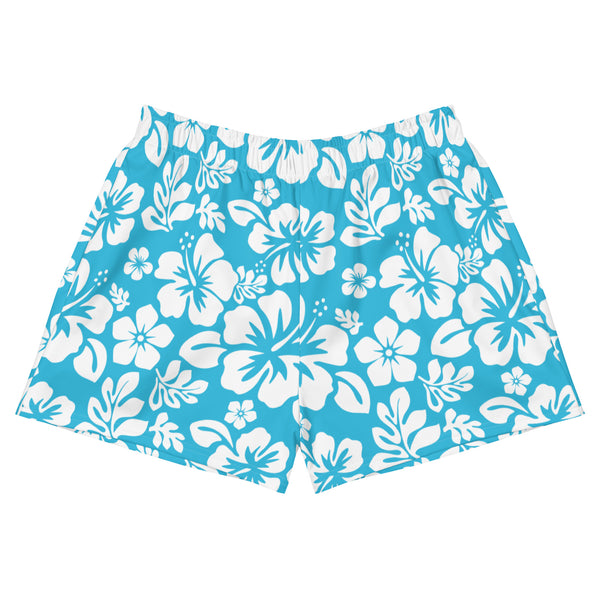 Aqua Blue and White Hawaiian Flowers Women's Athletic Swim Shorts