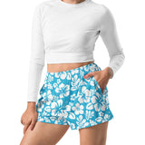 Aqua Blue and White Hawaiian Flowers Women's Athletic Swim Shorts