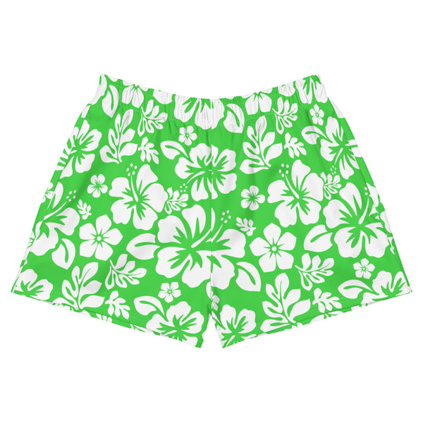 Women’s Lime Green & White Hawaiian Flowers Eco Athleisure Shorts | Extremely Stoked® Surf Style Activewear