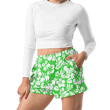 Lime and White Hawaiian Flowers Women's Athletic Swim Shorts