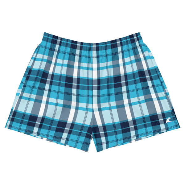 Aqua and Navy Blue Preppy Plaid Women's Athletic Swim Shorts