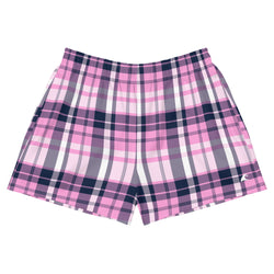 Pink and Navy Blue Preppy Plaid Women's Athletic Swim Shorts