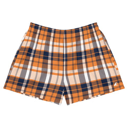 Orange and Navy Blue Preppy Plaid Women's Athletic Swim Shorts