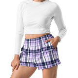 Lavender and Navy Blue Preppy Plaid Women's Athletic Swim Shorts