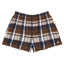 Brown and Navy Blue Preppy Plaid Women's Athletic Swim Shorts