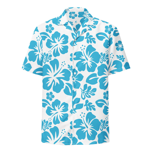 Aqua Blue and White Hawaiian Print Aloha Shirt - Extremely Stoked