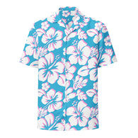 Aqua Blue, White and Pink Hawaiian Aloha Shirt - Extremely Stoked