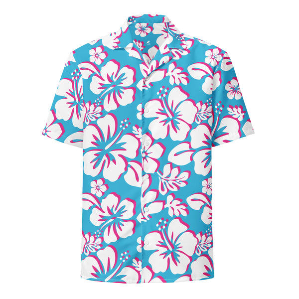 Aqua Blue, White and Hot Pink Hawaiian Aloha Shirt