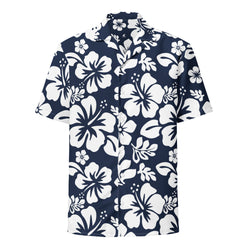 White and Navy Blue Hawaiian Print Aloha Shirt