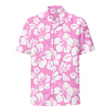 White and Pink Hibiscus Hawaiian Print Aloha Shirt