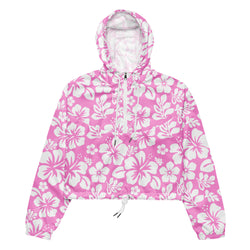 Women’s Pink and White Hawaiian Flowers Cropped Windbreaker