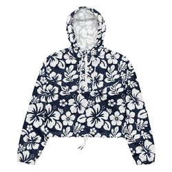 Women’s Navy and White Hawaiian Flowers Cropped Windbreaker