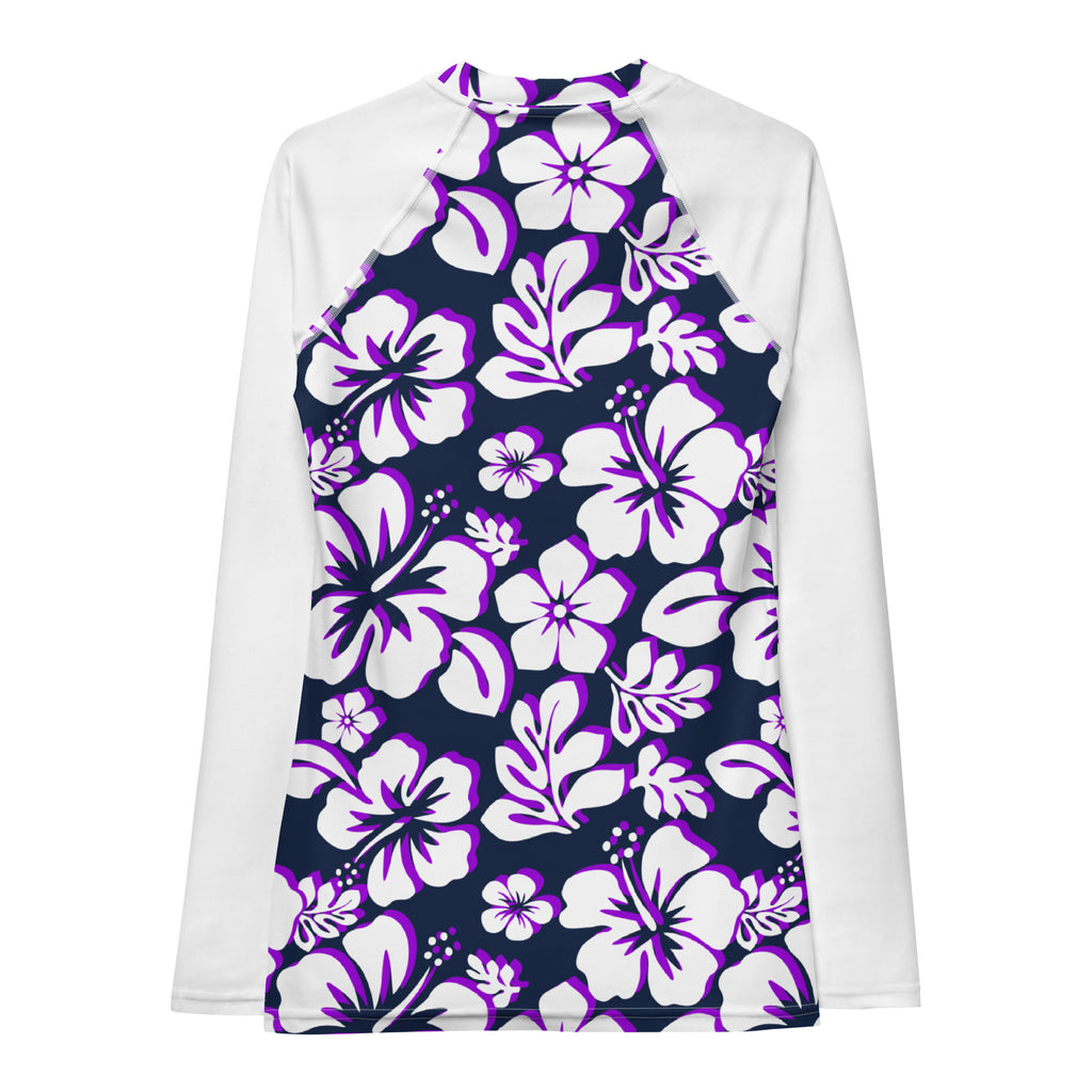 Women's Navy Blue, Purple And White Hawaiian Flowers Rash Guard with W ...