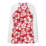 Red and White Hawaiian Print Women's Rash Guard with White Sleeves