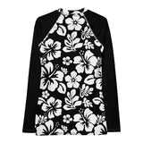 Black and White Hawaiian Print Women's Rash Guard with Black Sleeves