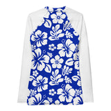 Royal Blue and White Hawaiian Flowers Women's Rash Guard with White Sleeves - Extremely Stoked