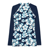 Ocean Blues Hawaiian Flowers Women's Rash Guard with Navy Blue Sleeves - Extremely Stoked