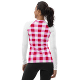 Women's Cherry Red, White and Pink Preppy Gingham Rash Guard with White Sleeves