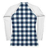 Women's Navy Blue and White Preppy Gingham Rash Guard with White Sleeves