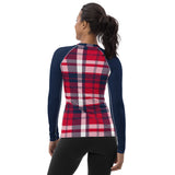 Women's Red, White and Navy Blue Preppy Plaid Rash Guard with Navy Blue Sleeves