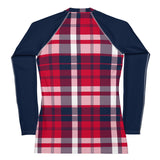 Women's Red, White and Navy Blue Preppy Plaid Rash Guard with Navy Blue Sleeves