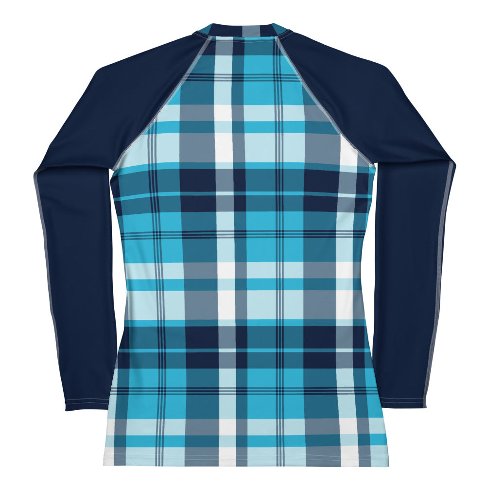 Women's Ocean Blues Preppy Plaid Rash Guard with Navy Blue Sleeves – E ...