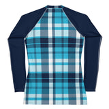 Women's Ocean Blues Preppy Plaid Rash Guard with Navy Blue Sleeves