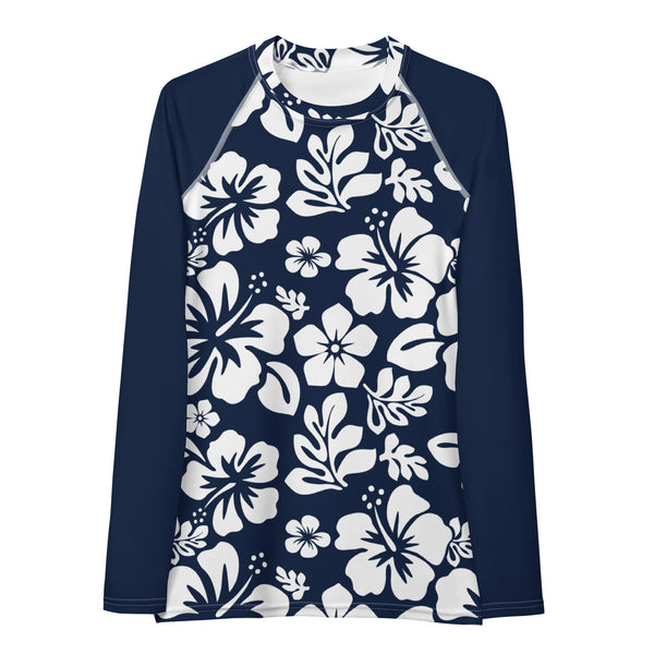 Navy Blue and White Hawaiian Print Women's Rash Guard with Navy Blue Sleeves - Extremely Stoked