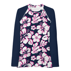 Navy Blue, Hot Pink and White Hawaiian Print Women's Rash Guard with Navy Blue Sleeves
