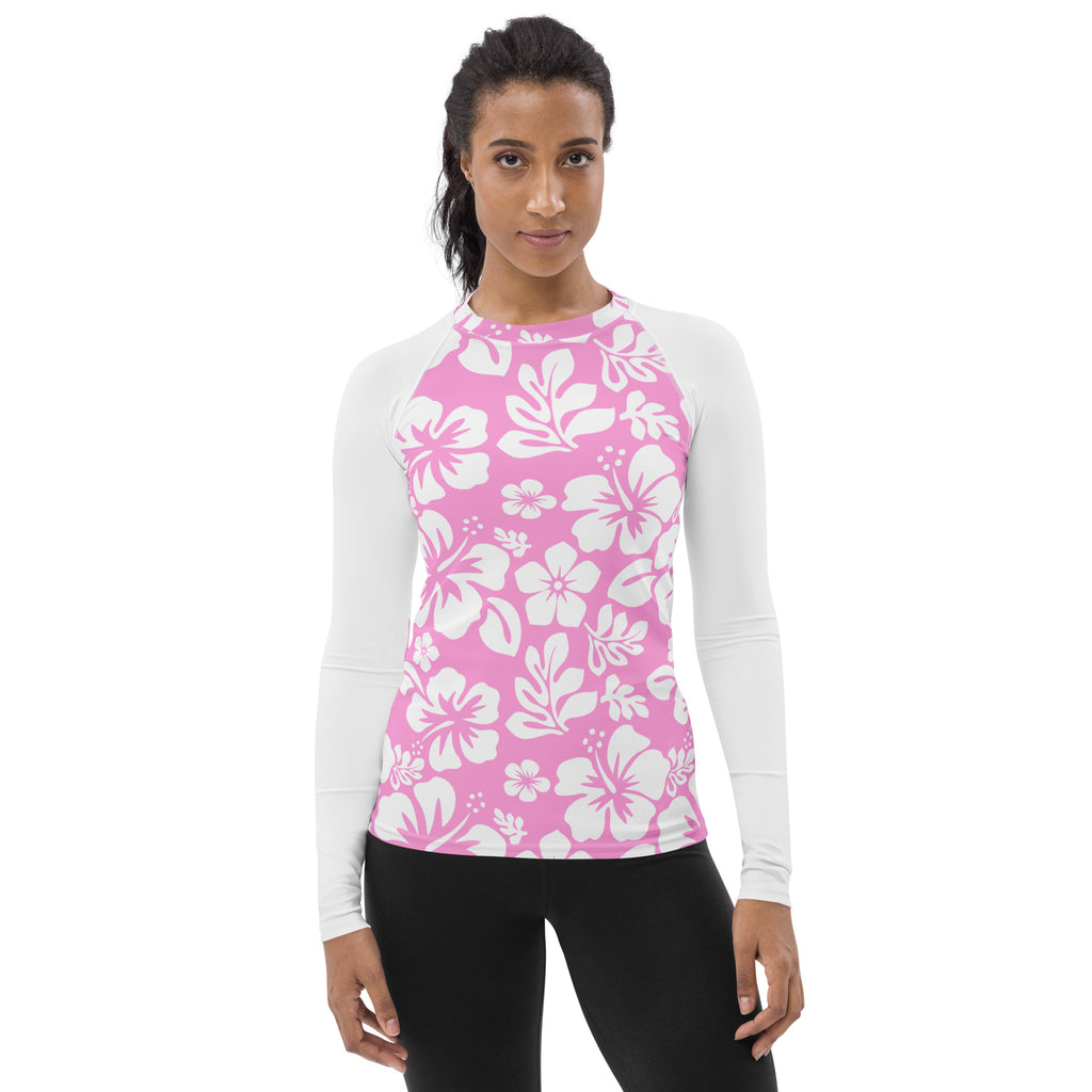 Women's Pink And White Hawaiian Flowers Rash Guard with White Sleeves ...