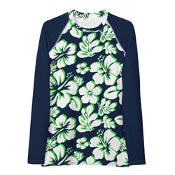 Navy Blue, Lime Green and White Hawaiian Print Women's Rash Guard with Navy Blue Sleeves