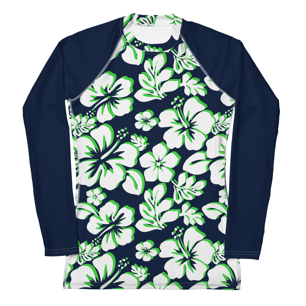 Women's Navy Blue, Lime Green & White Hawaiian Flowers Rash Guard with ...