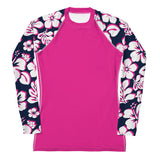 Hot Pink Women's Rash Guard with White, Hot Pink and Navy Blue Hawaiian Print Sleeves - Extremely Stoked